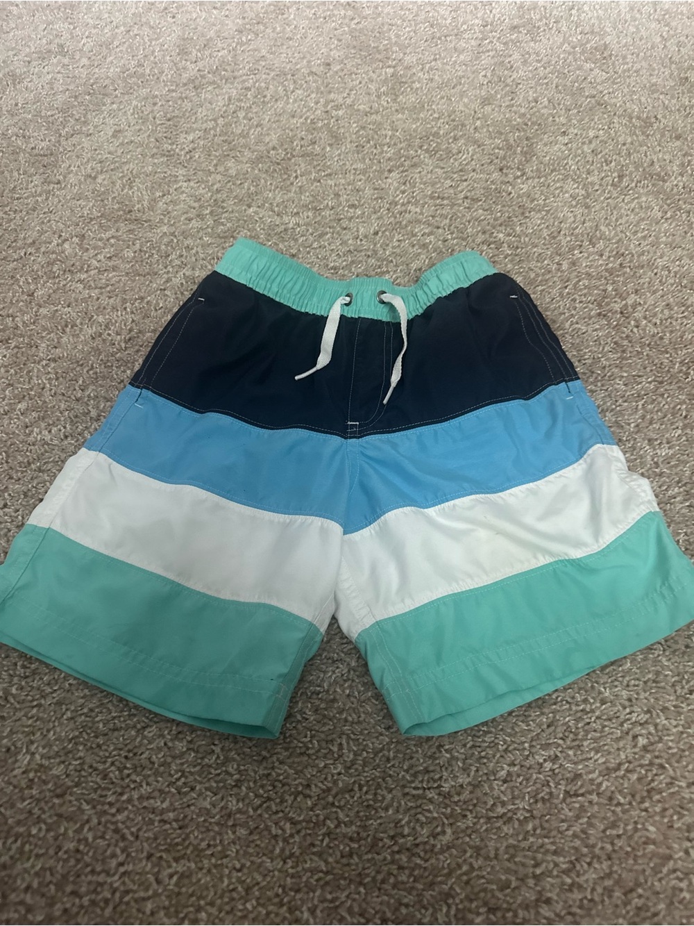 Hanna Andersson Navy, Light Blue, White & Mint Stripe Swim Trunks